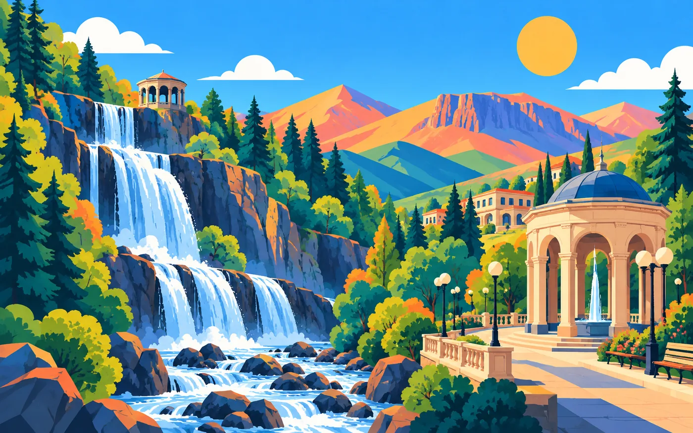 Jermuk waterfall and the surrounding mountain spa town