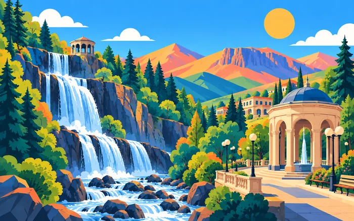 Jermuk waterfall and the surrounding mountain spa town