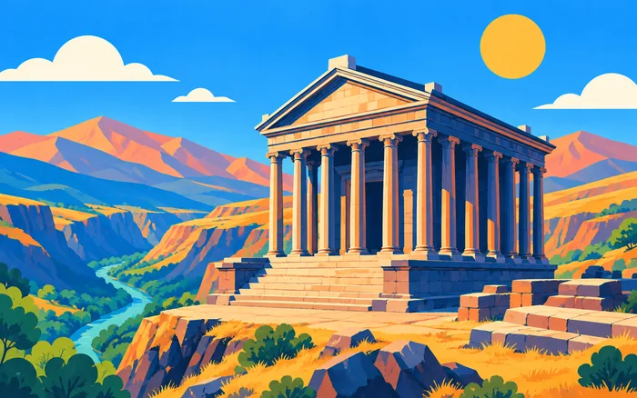 Ionic columns of Garni Temple in warm evening light
