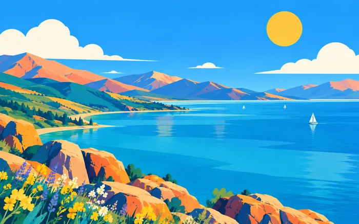 Sunset over Lake Sevan with mountains in the distance