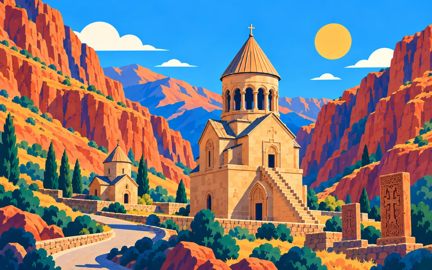 Noravank monastery against red cliffs in Vayots Dzor